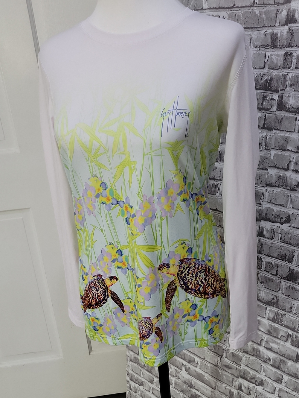 Guy Harvey Sea Turtle Print Long Sleeve Tee - White with Pastel Floral